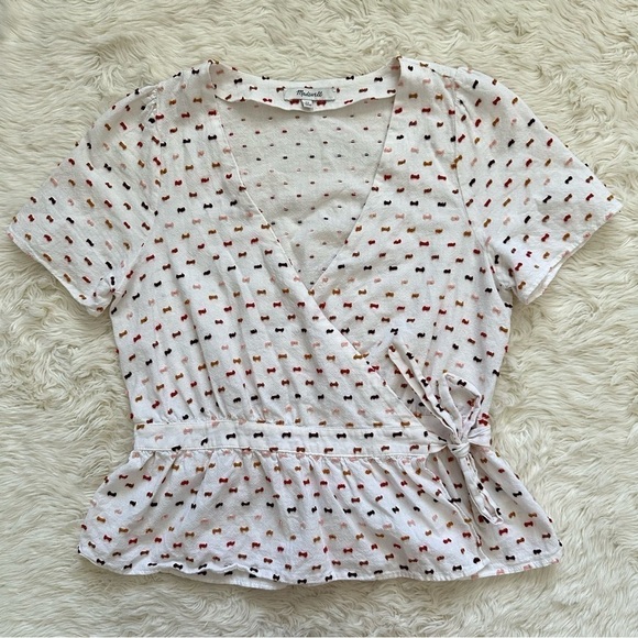 Madewell Blouse Ruffle-Hem Wrap Top in Clipdot White Multicolored XS - Picture 3 of 13
